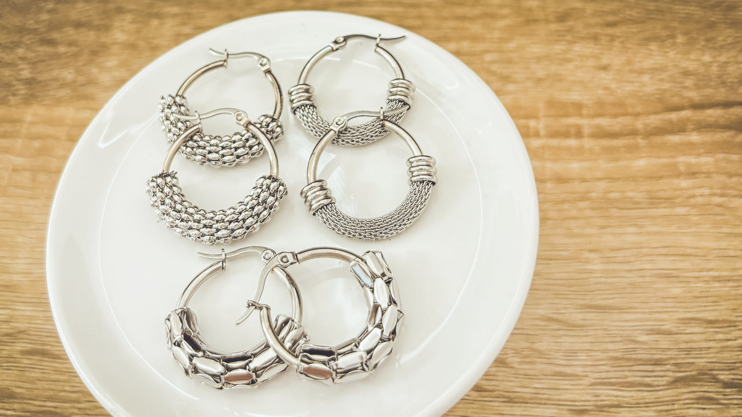 Beautiful 3 Pair Set of Silver Hoop Earrings