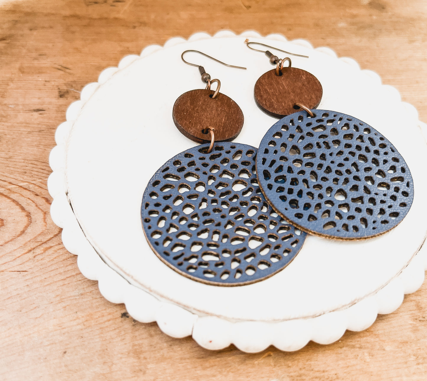 Beautiful Navy Blue Leather and Wood Earrings