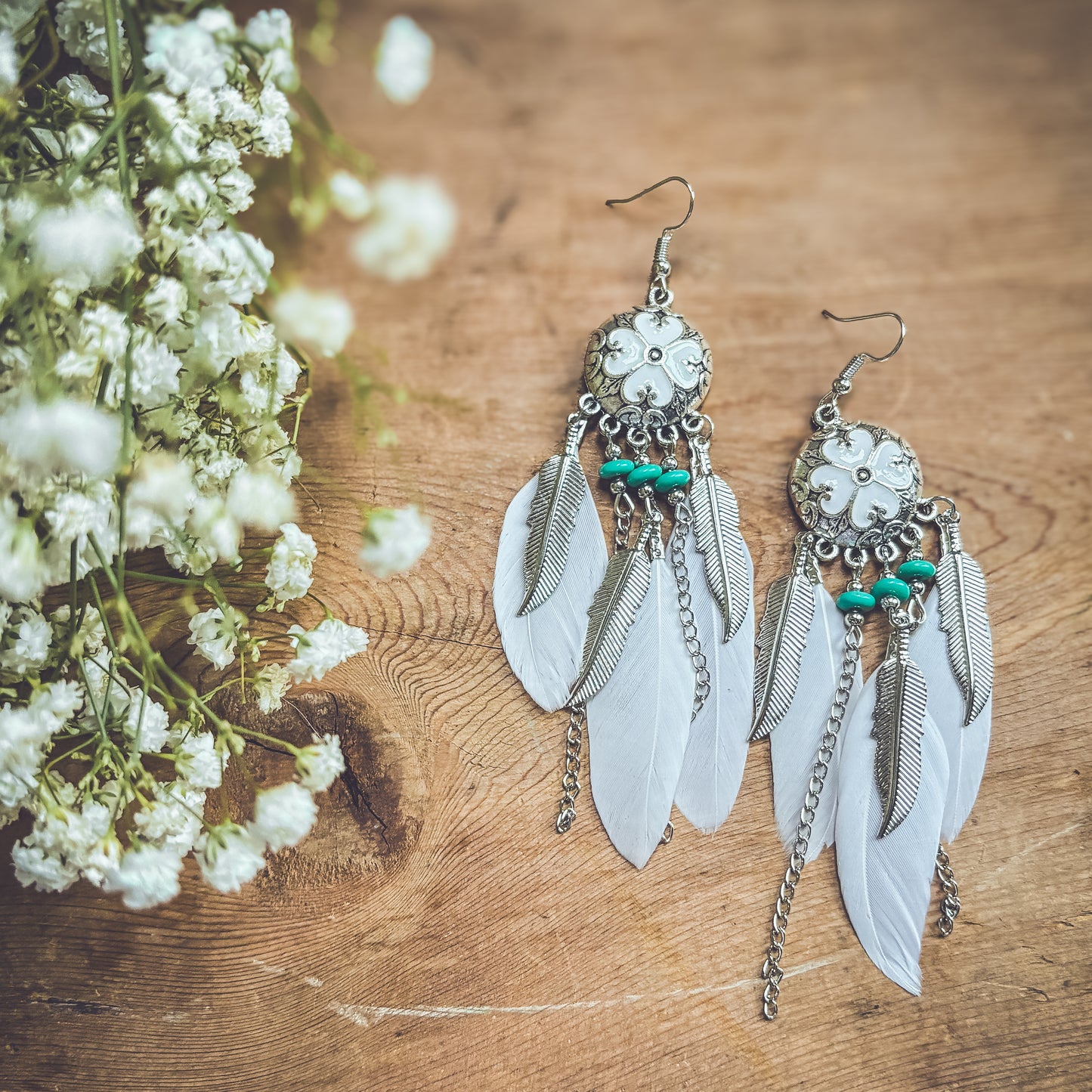 Boho White Feather Earrings