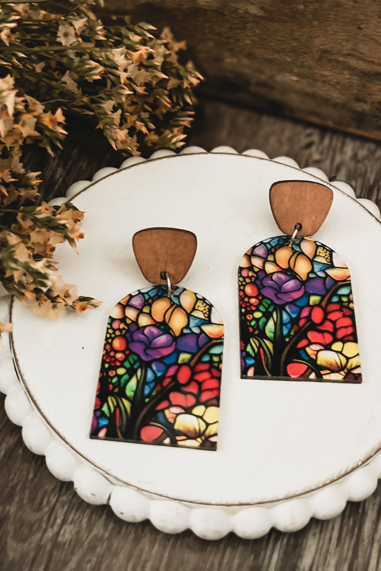 Beautiful Wood and Stained Glass Effect Earrings