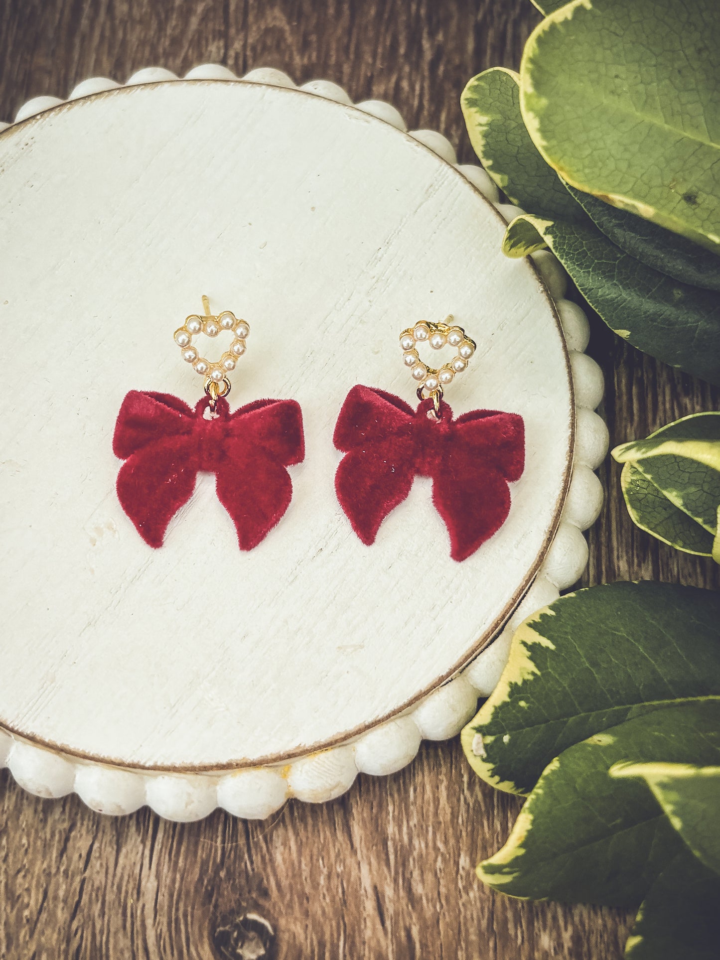 Beautiful Red Bow and Heart Pearl Earrings