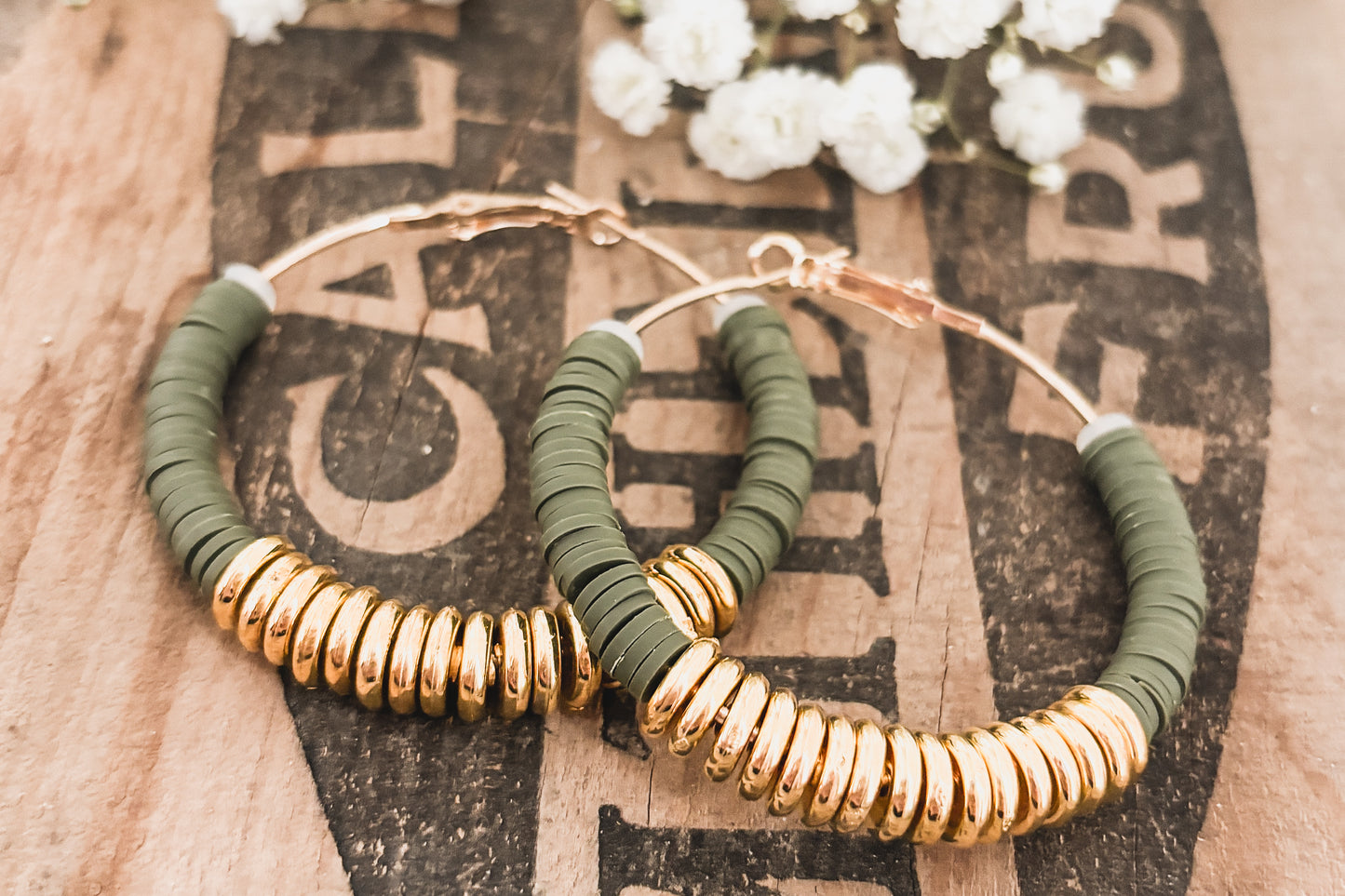 Beautiful Green and Gold Clay Hoops