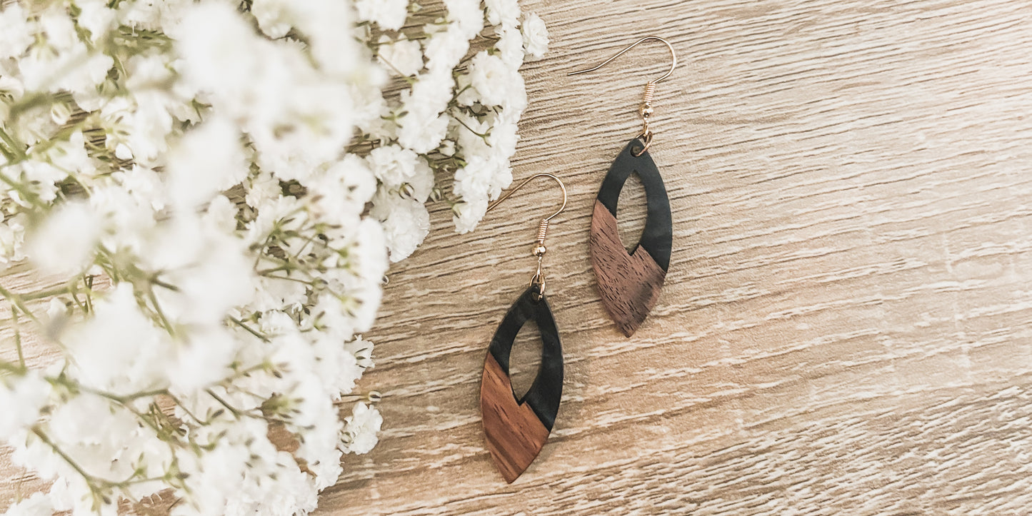 Beautiful Oval Wood and Black Earrings