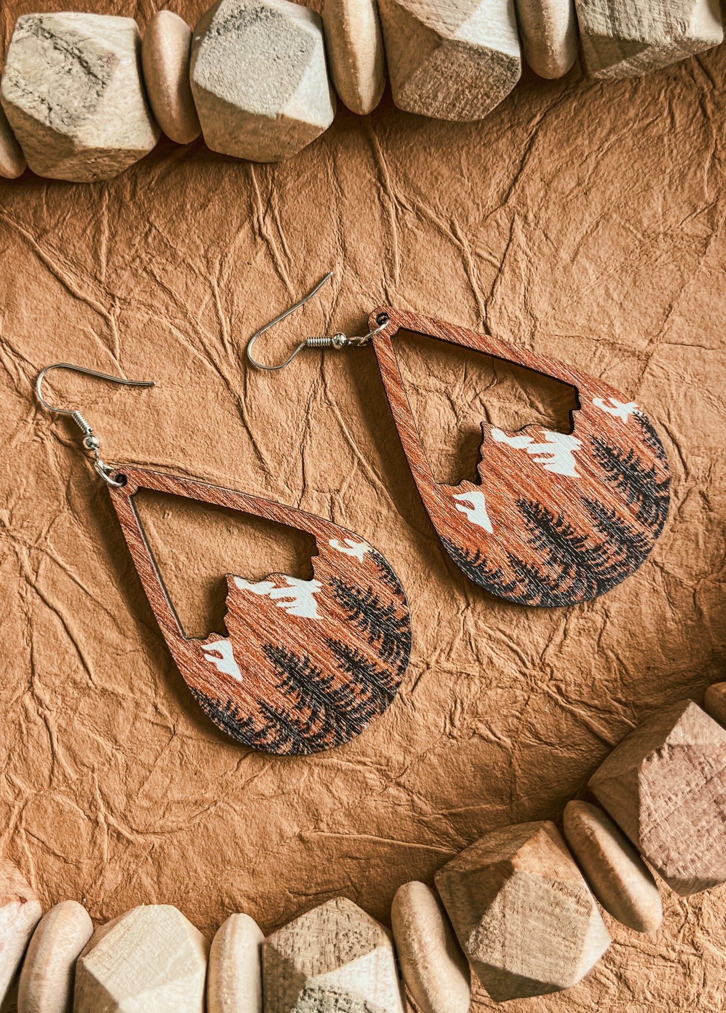 Beautiful Wood Snowy Mountain Earrings