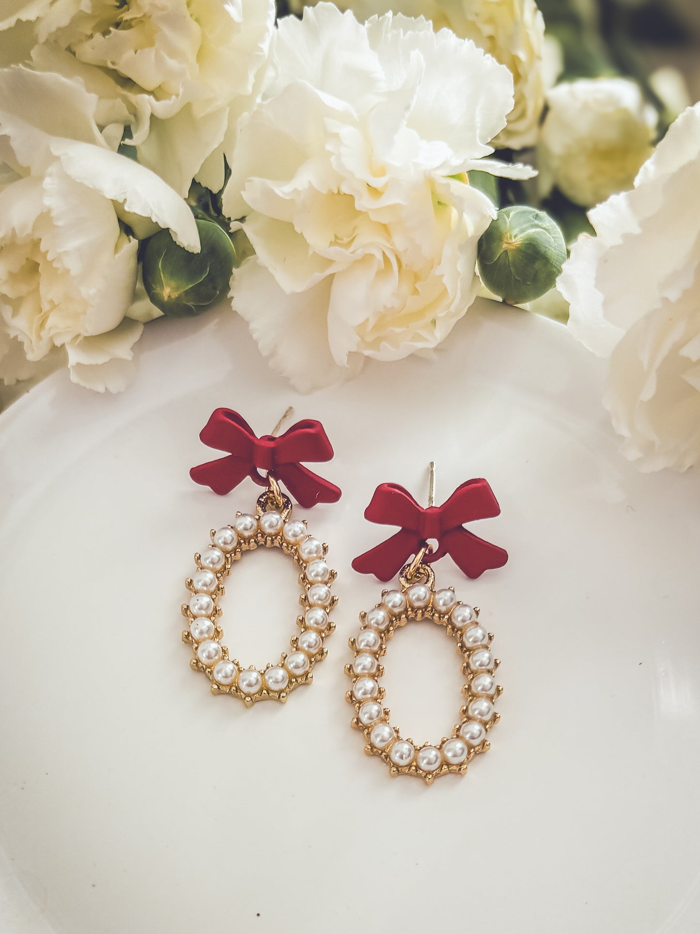 Beautiful Red Bow and Pearl Earrings