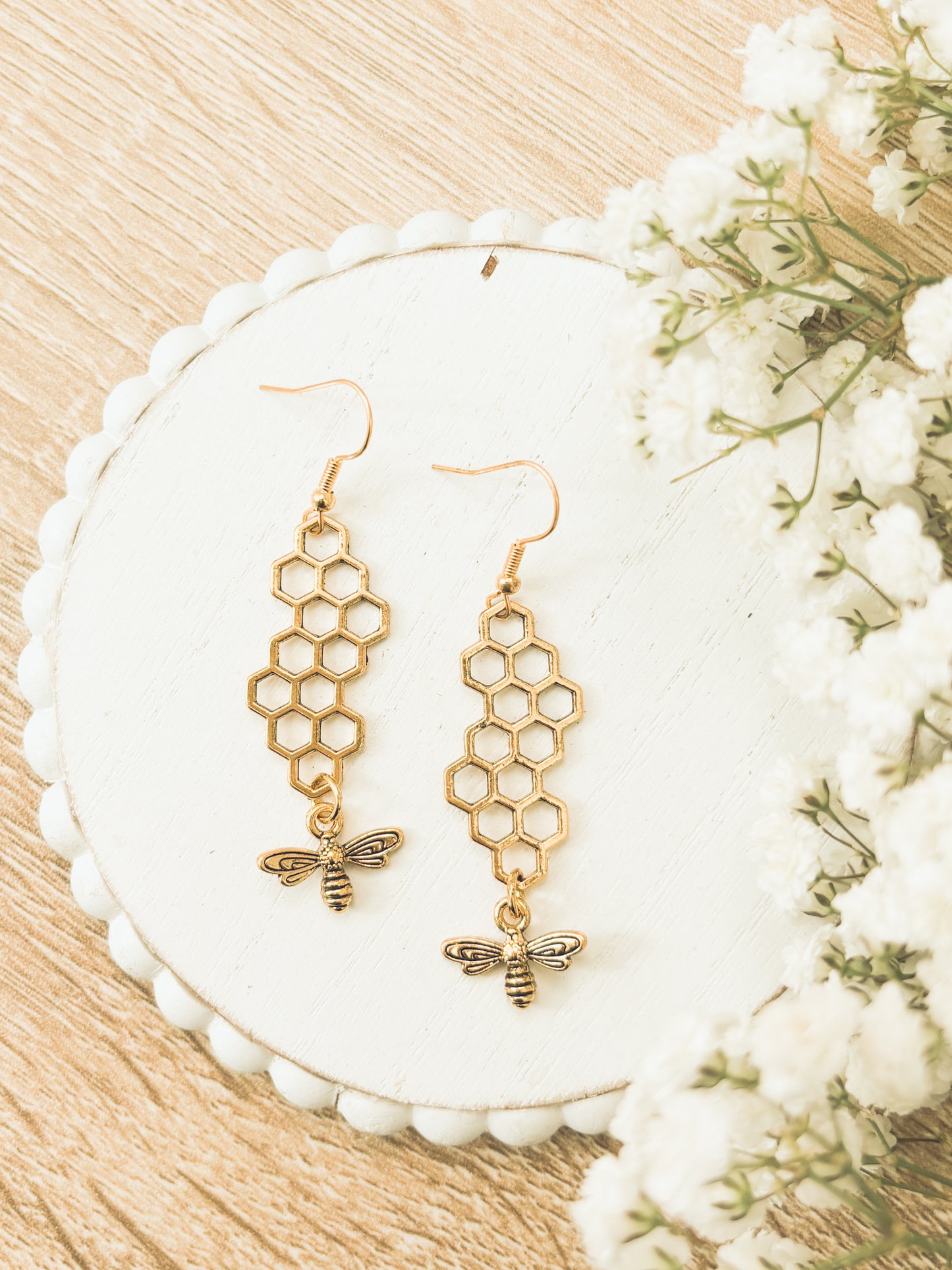 Gold or Silver Honeybee Honeycomb Earrings