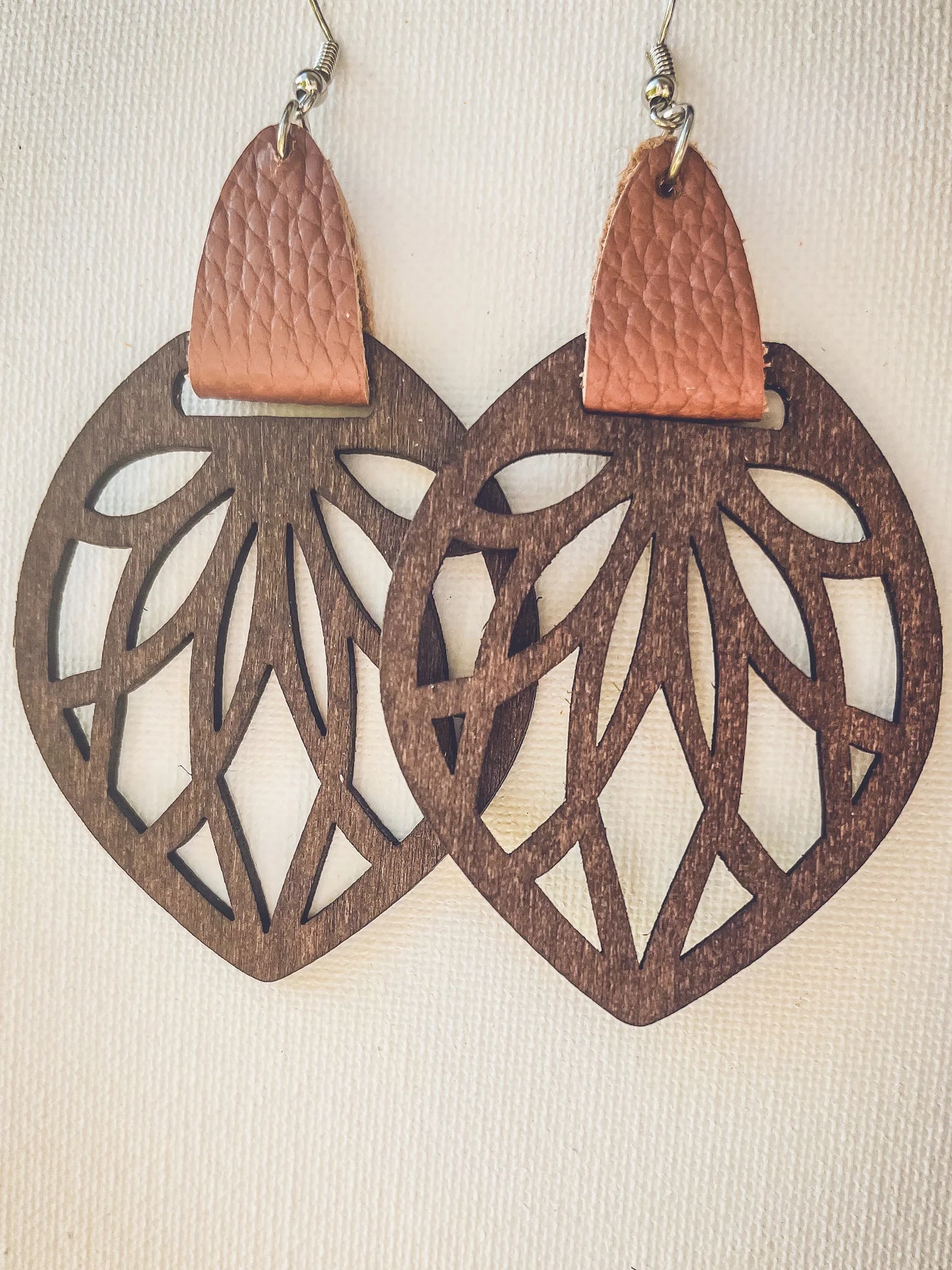 Genuine Leather Wrap Cutout Wood Leaf Drop Earrings