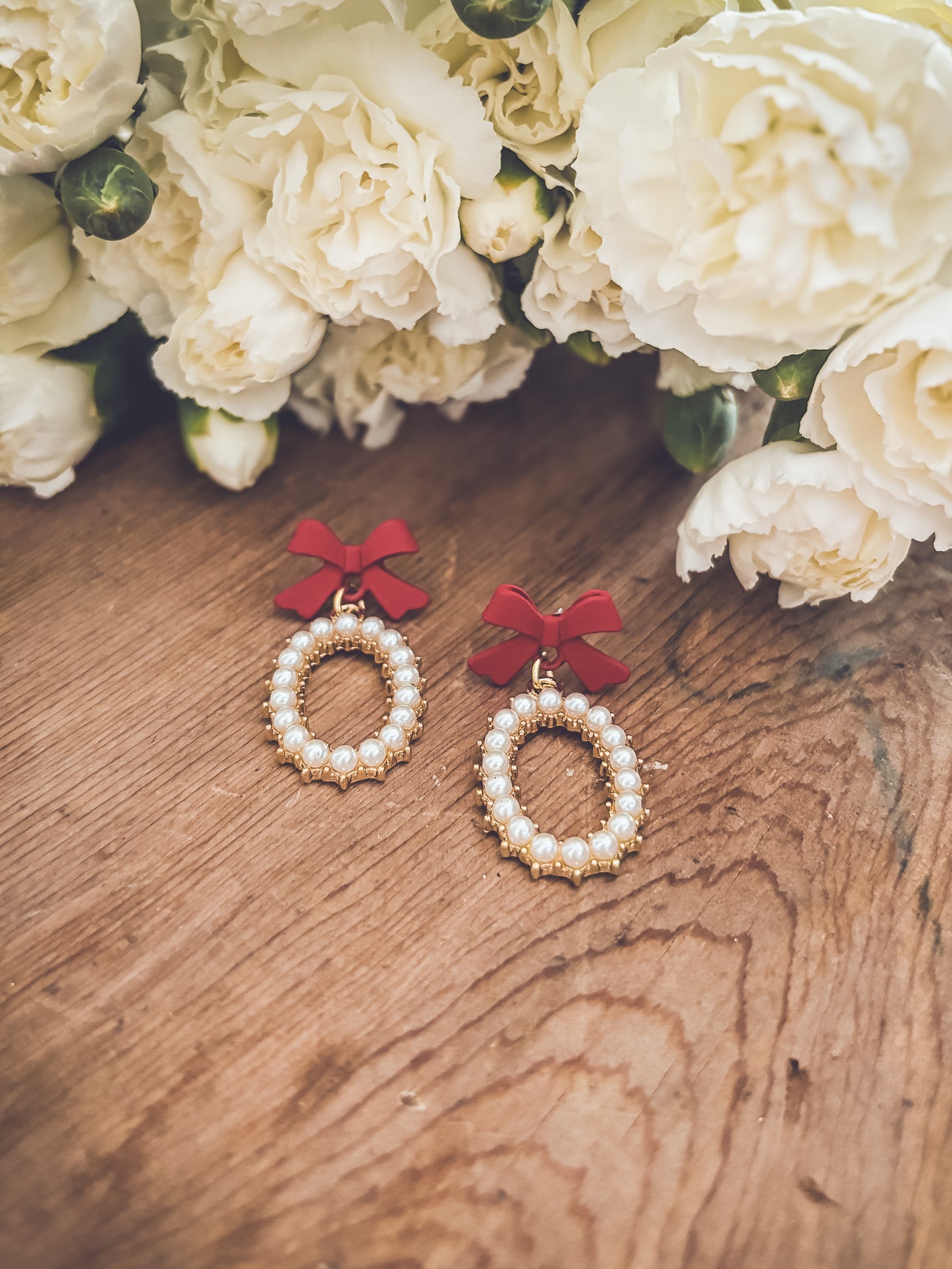 Beautiful Red Bow and Pearl Earrings