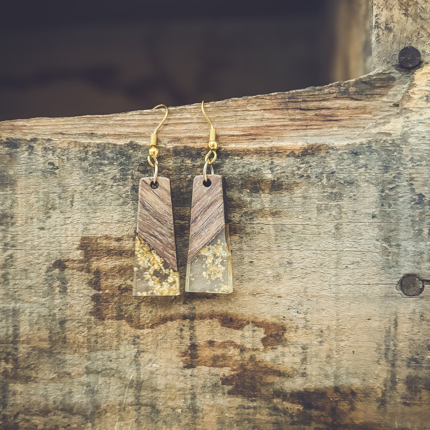 Beautiful Wood and Gold Fleck Resin Earrings