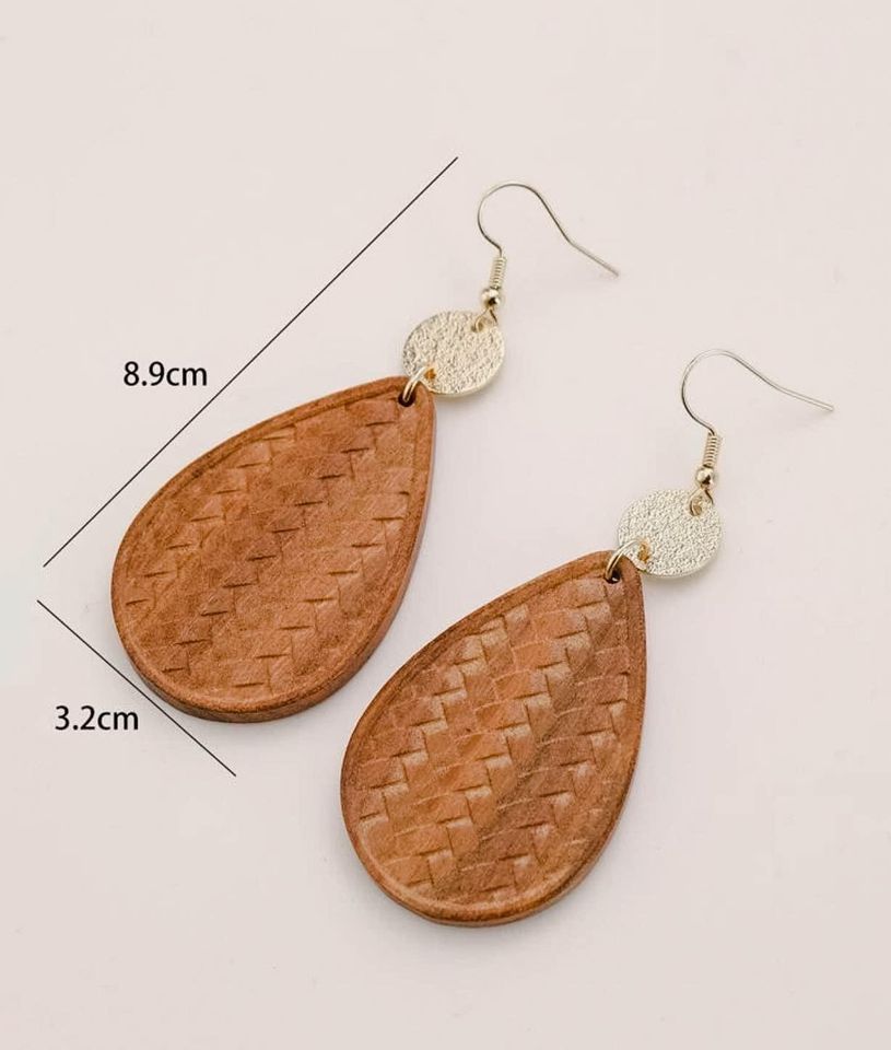 Beautiful Patterned Brown Wood and Gold Drop Earrings