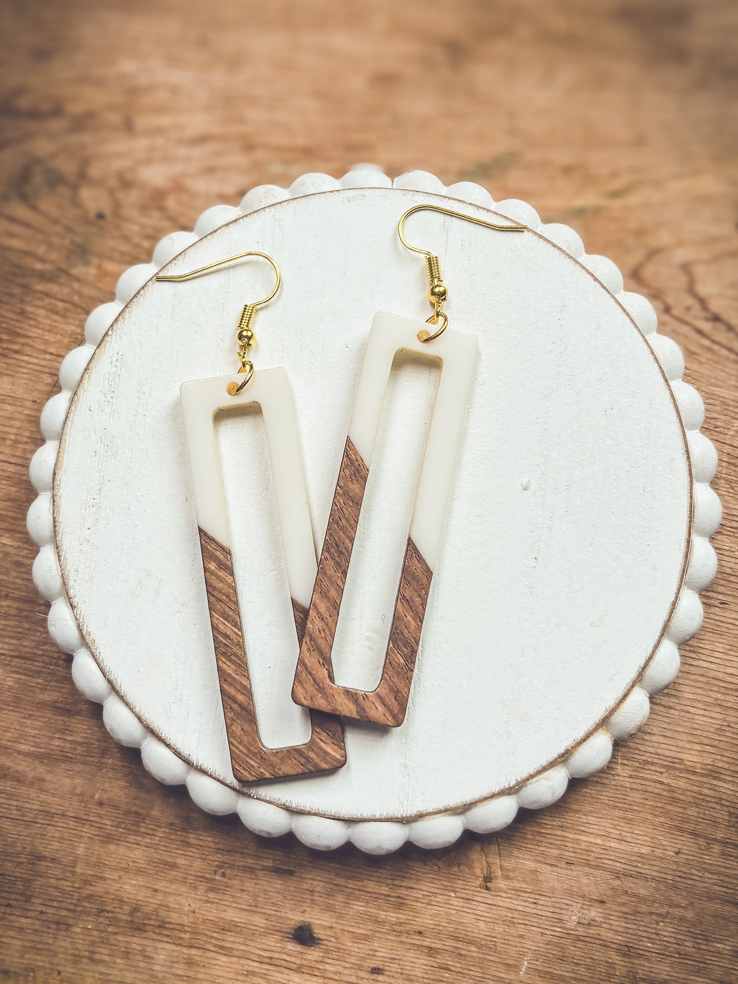 Rectangular White Resin and Wood Earrings