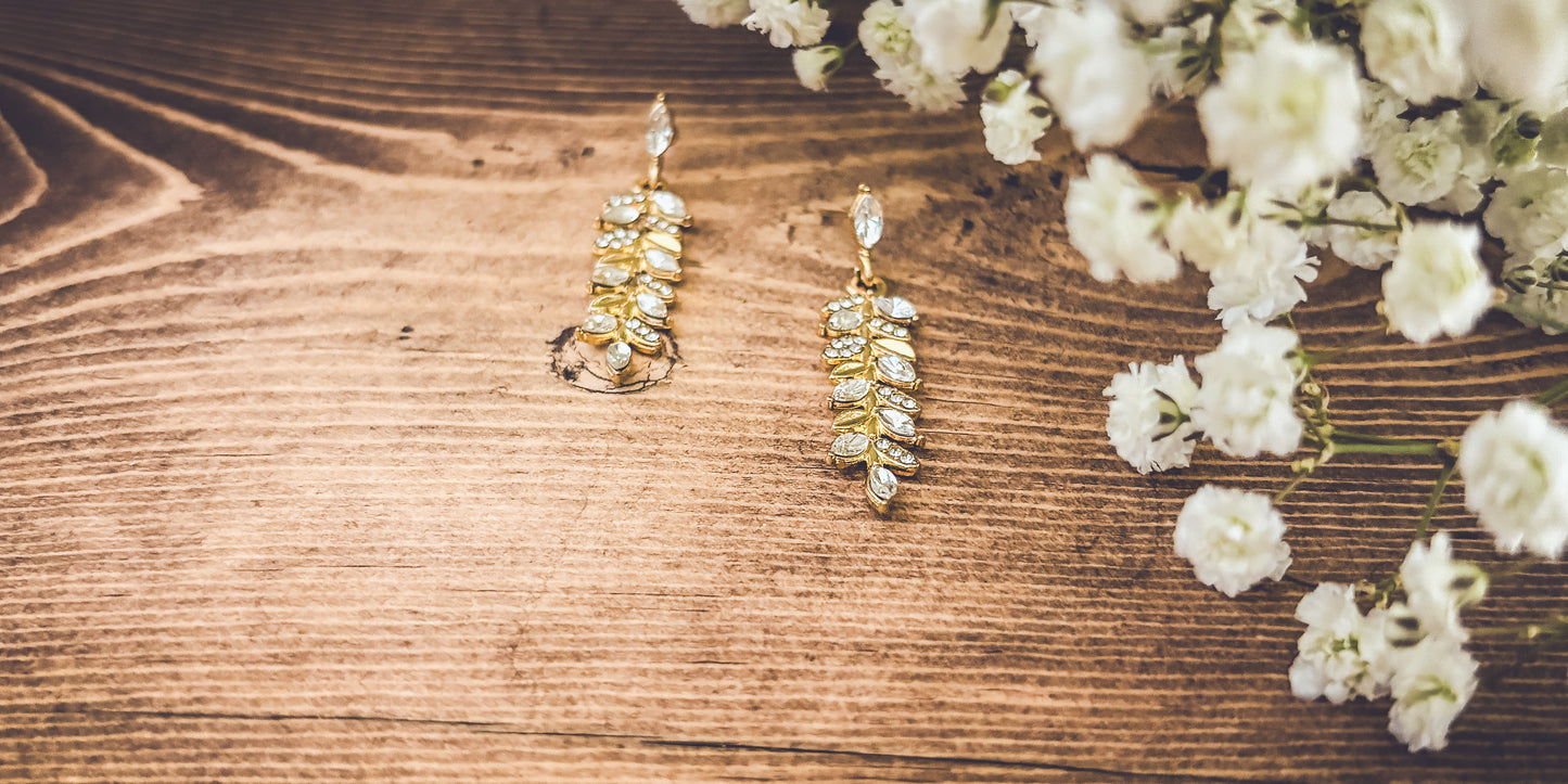 Beautiful Crystal and Gold Drop Leaf Earrings