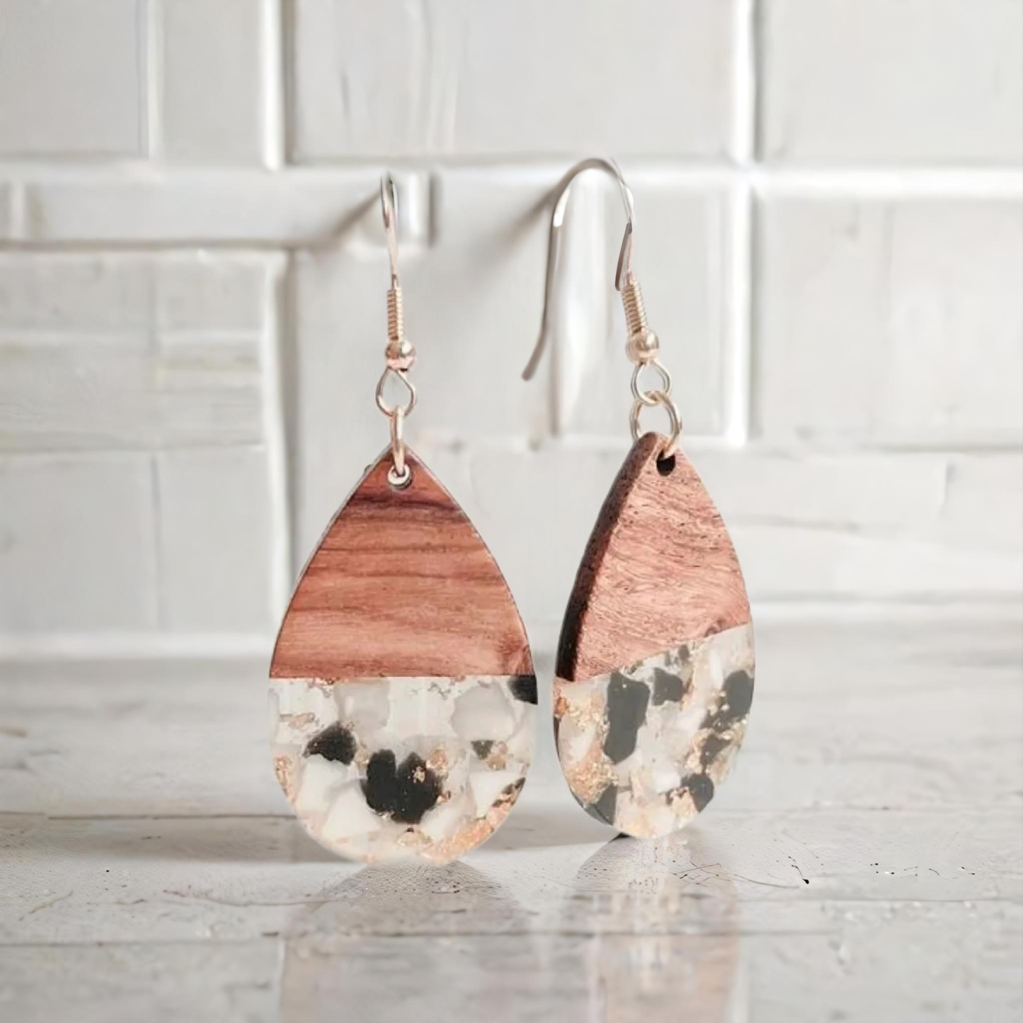 Beautiful Wood and Resin Neutral Confetti Earrings