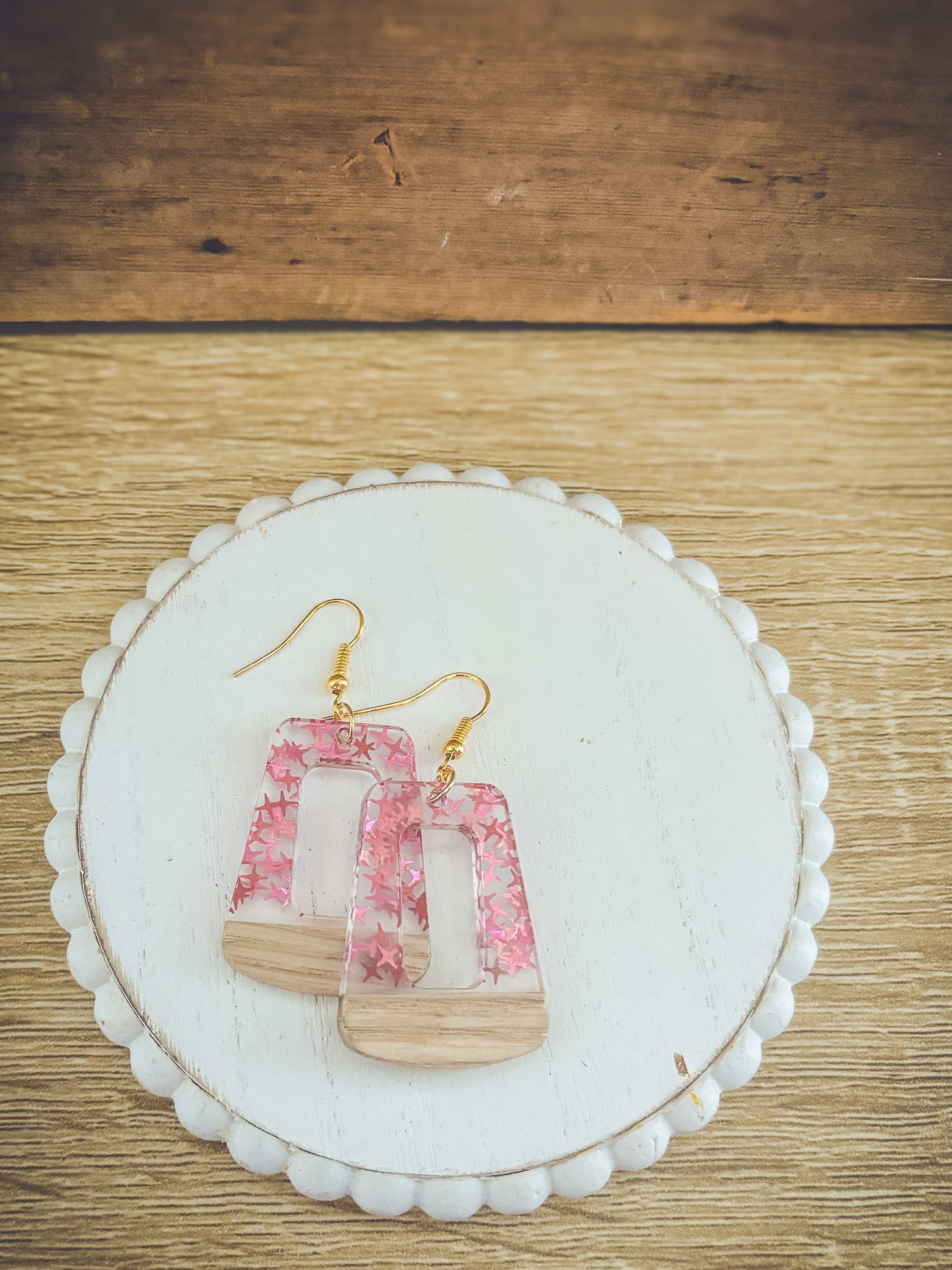 Beautiful Wood and Pink Fleck Resin Earrings