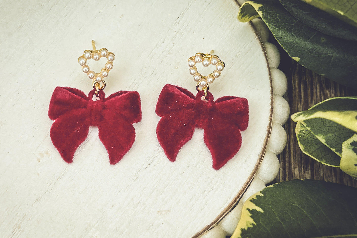 Beautiful Red Bow and Heart Pearl Earrings