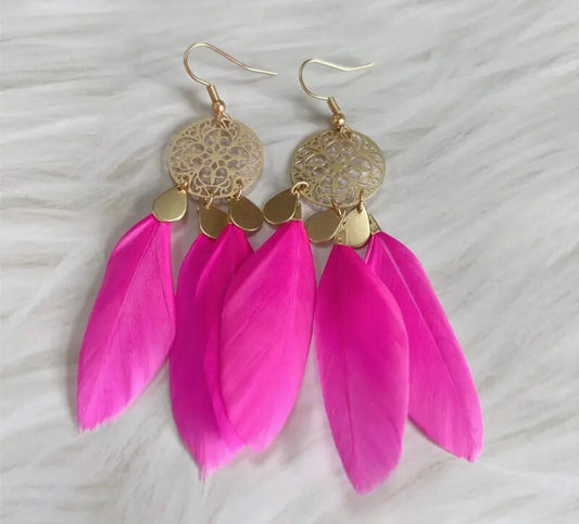 Beautiful Gold and Pink Feather Earrings