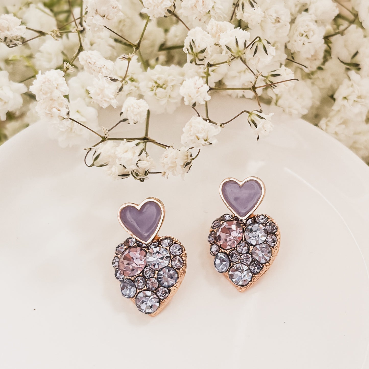 Beautiful Gold and Purple Crystal Heart Earrings