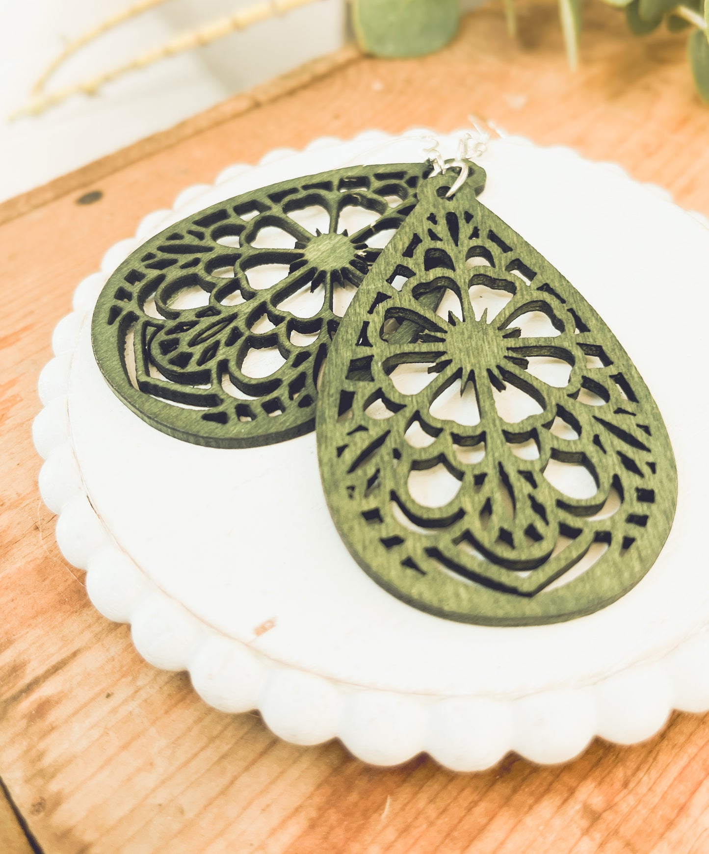 Beautiful Green Laser Cut Wood Floral Earrings