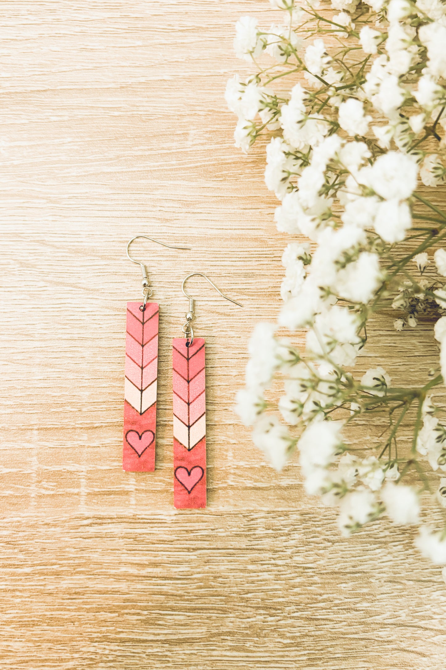 Beautiful Pink Heart Wood Earrings