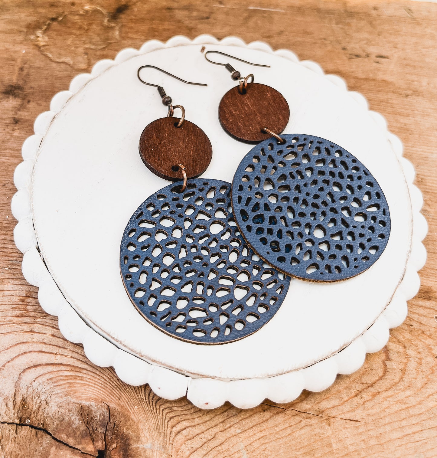 Beautiful Navy Blue Leather and Wood Earrings