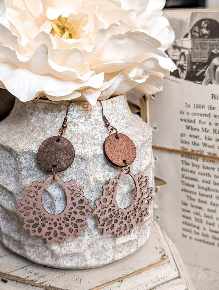 Beautiful Off White Wood Lavender Hued and Leather Earrings