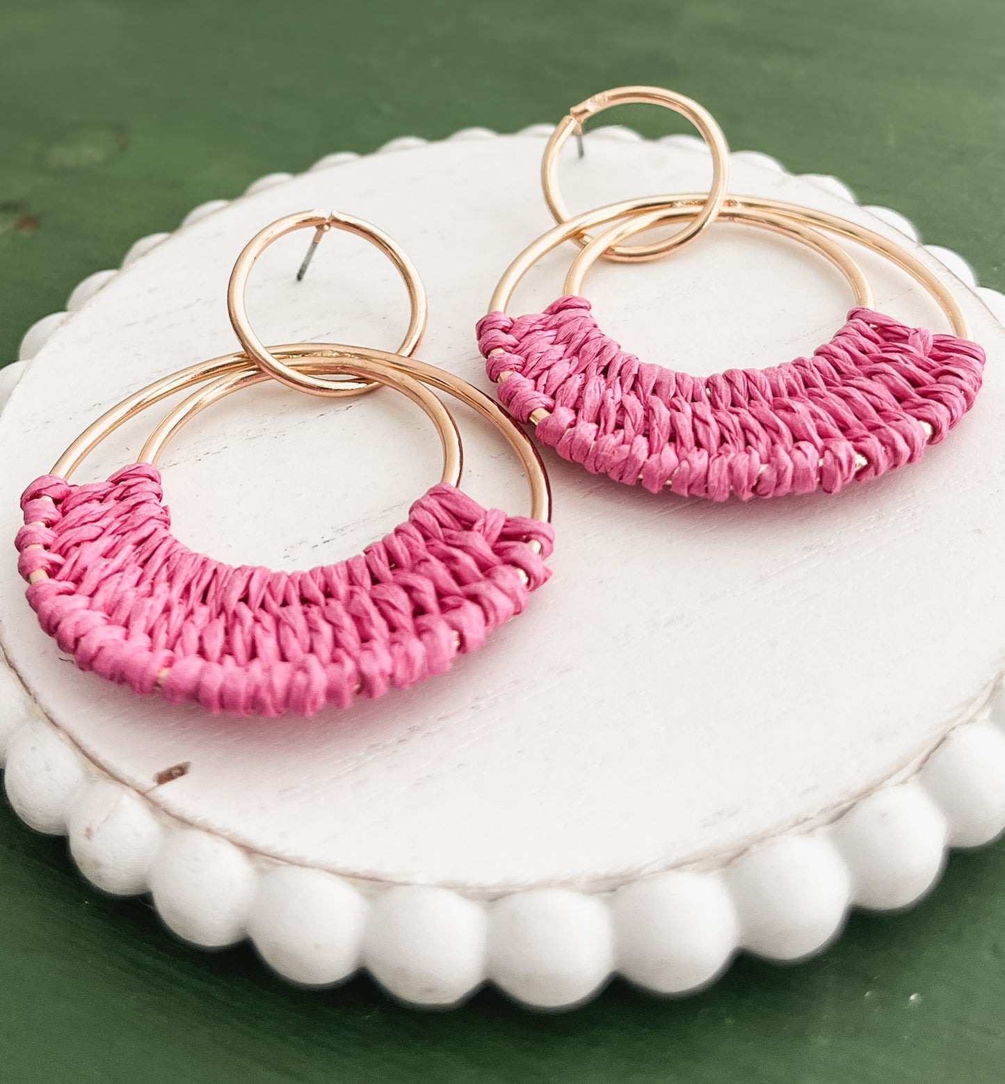 Beautiful Pink Raffia Hoop Earrings