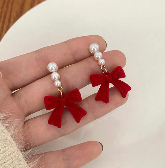 Beautiful Red Bow and Pearl Earrings