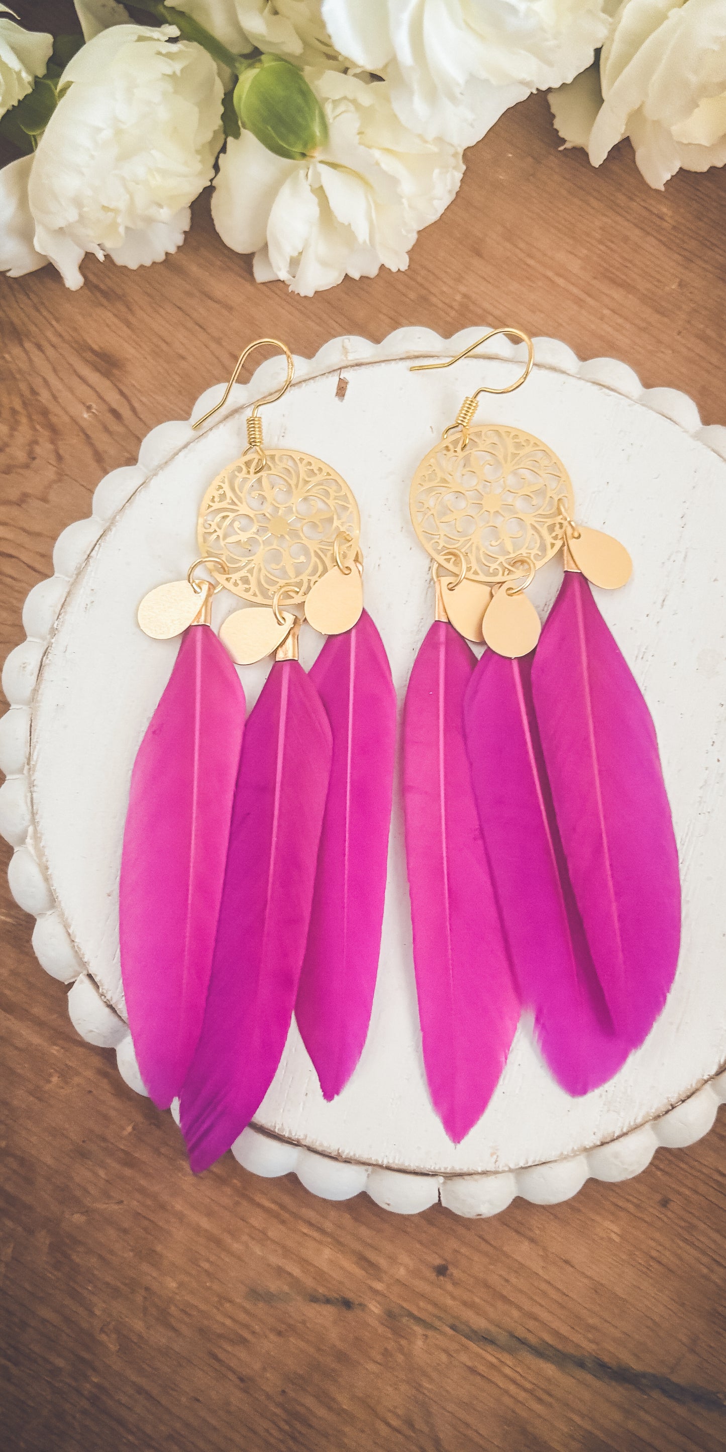 Beautiful Gold and Pink Feather Earrings