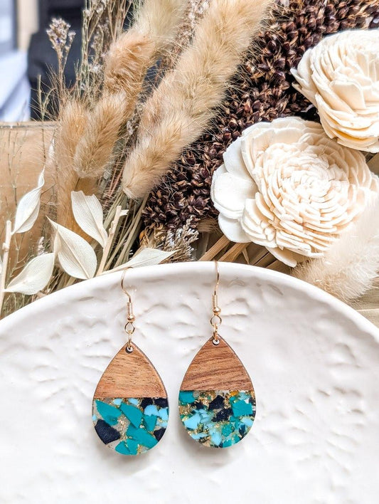 Beautiful Wood and Resin Mint and Black Earrings