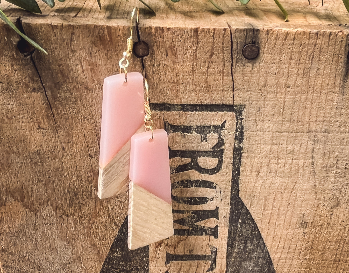 Beautiful Pink Resin and Wood Earrings