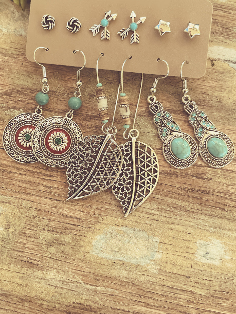 Beautiful Turquoise and Silver Boho Earring Set - Set of 6