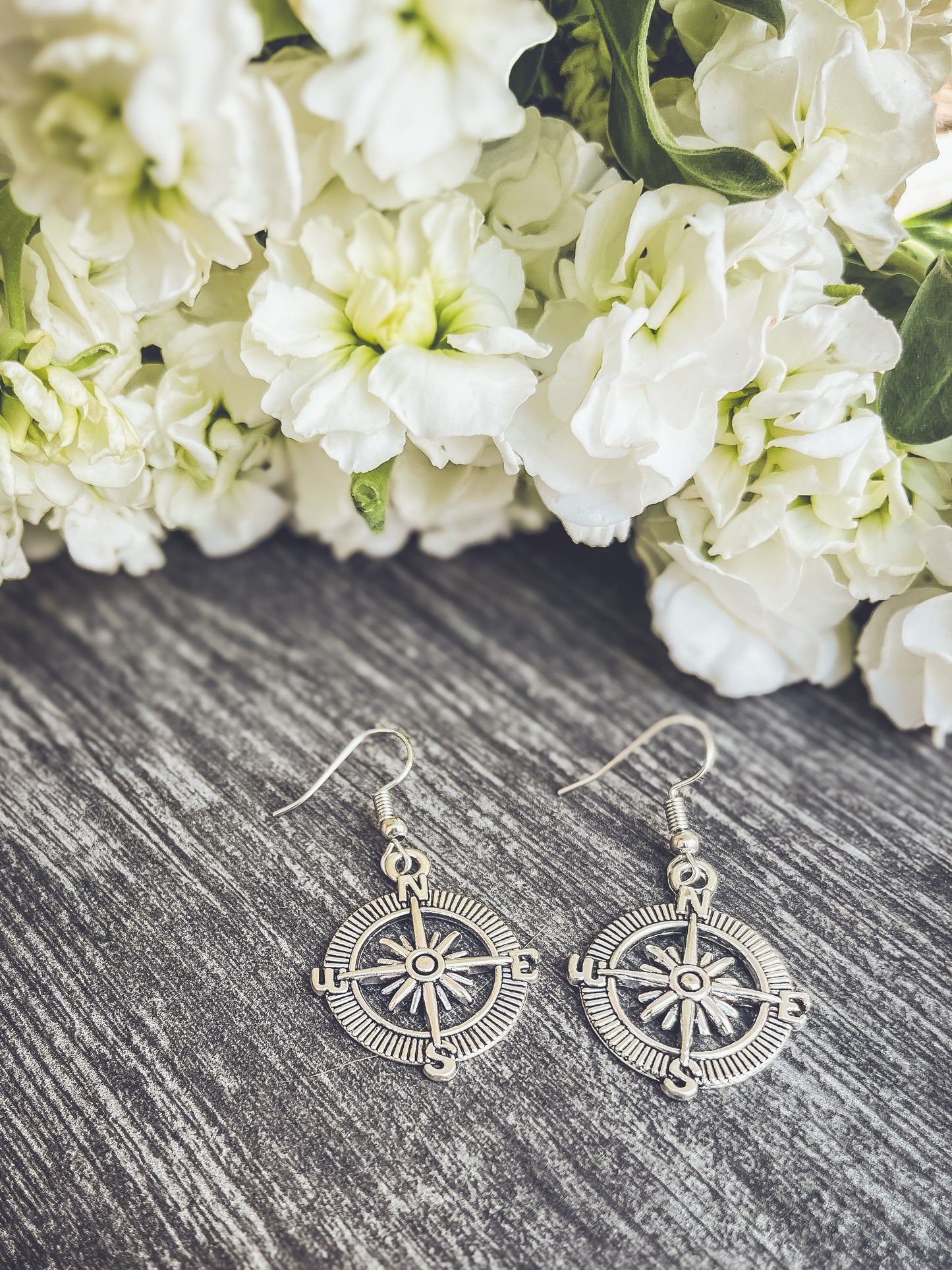 Beautiful Antique Finish Compass Earrings in Gold or Silver