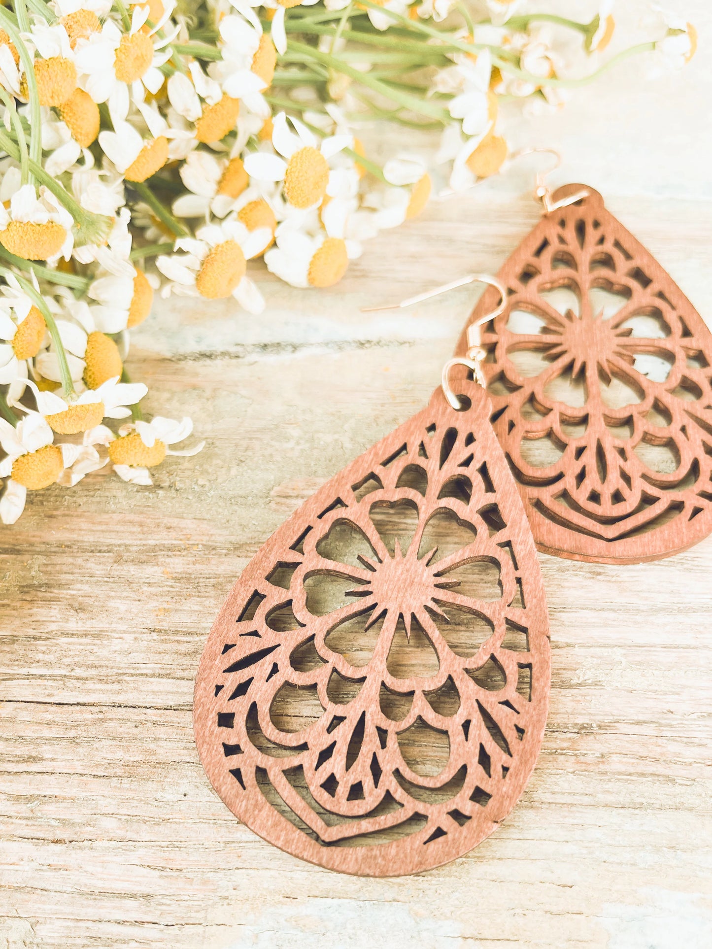 Beautiful Laser Cut Wood Floral Earrings