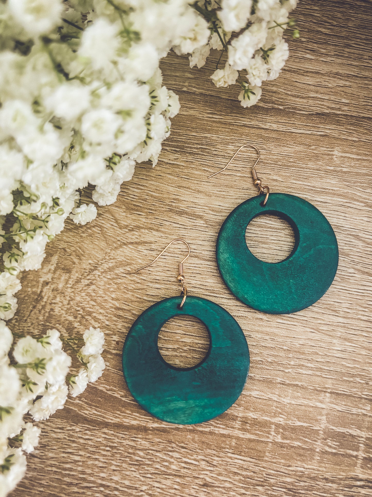 Beautiful Turquoise Wood Circle Earrings