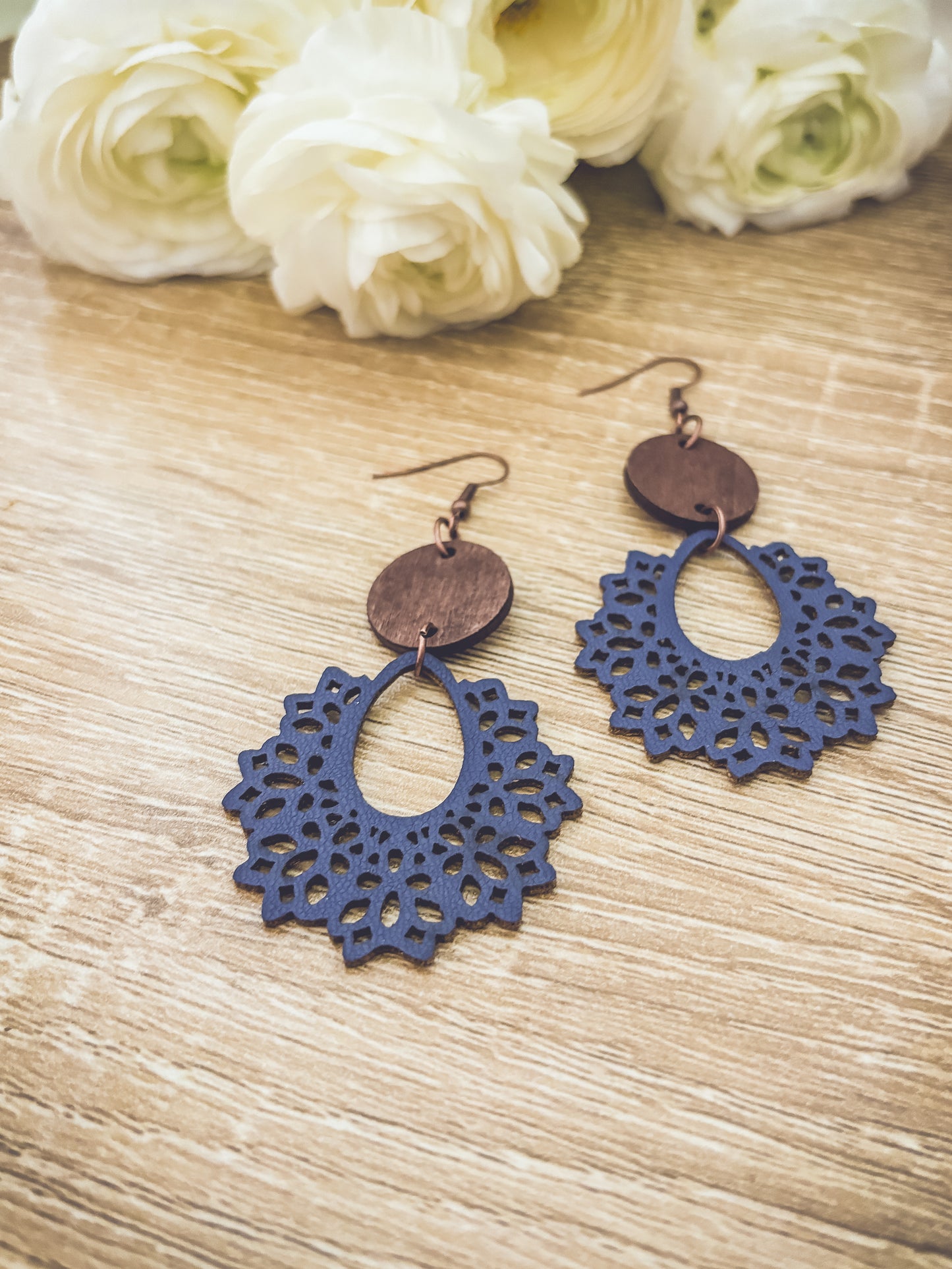 Beautiful Blue Wood and Leather  Earrings