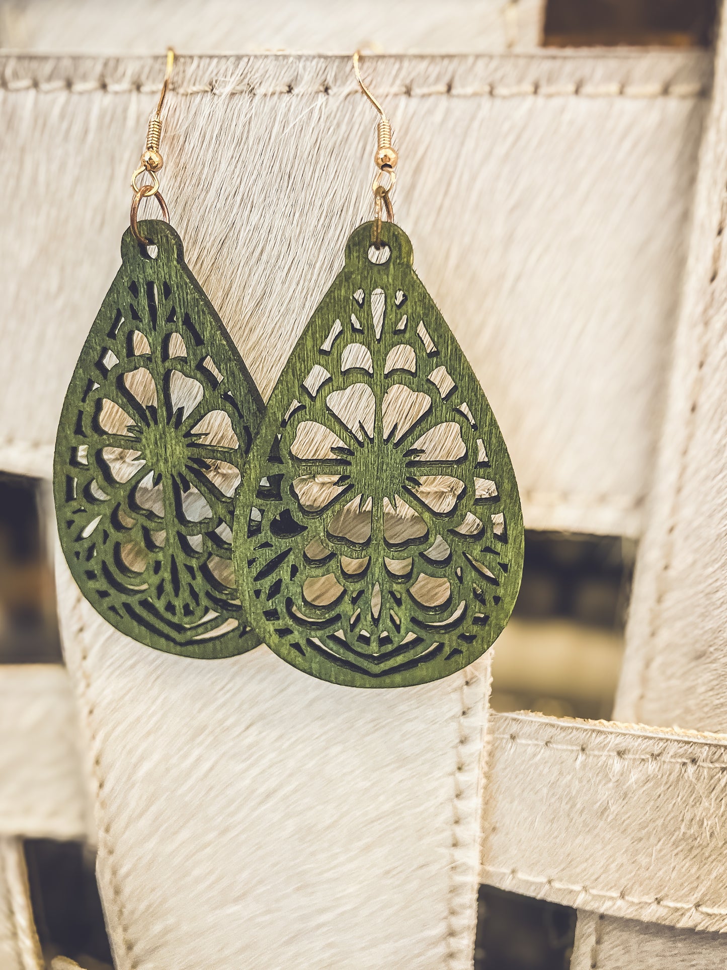 Beautiful Green Laser Cut Wood Floral Earrings