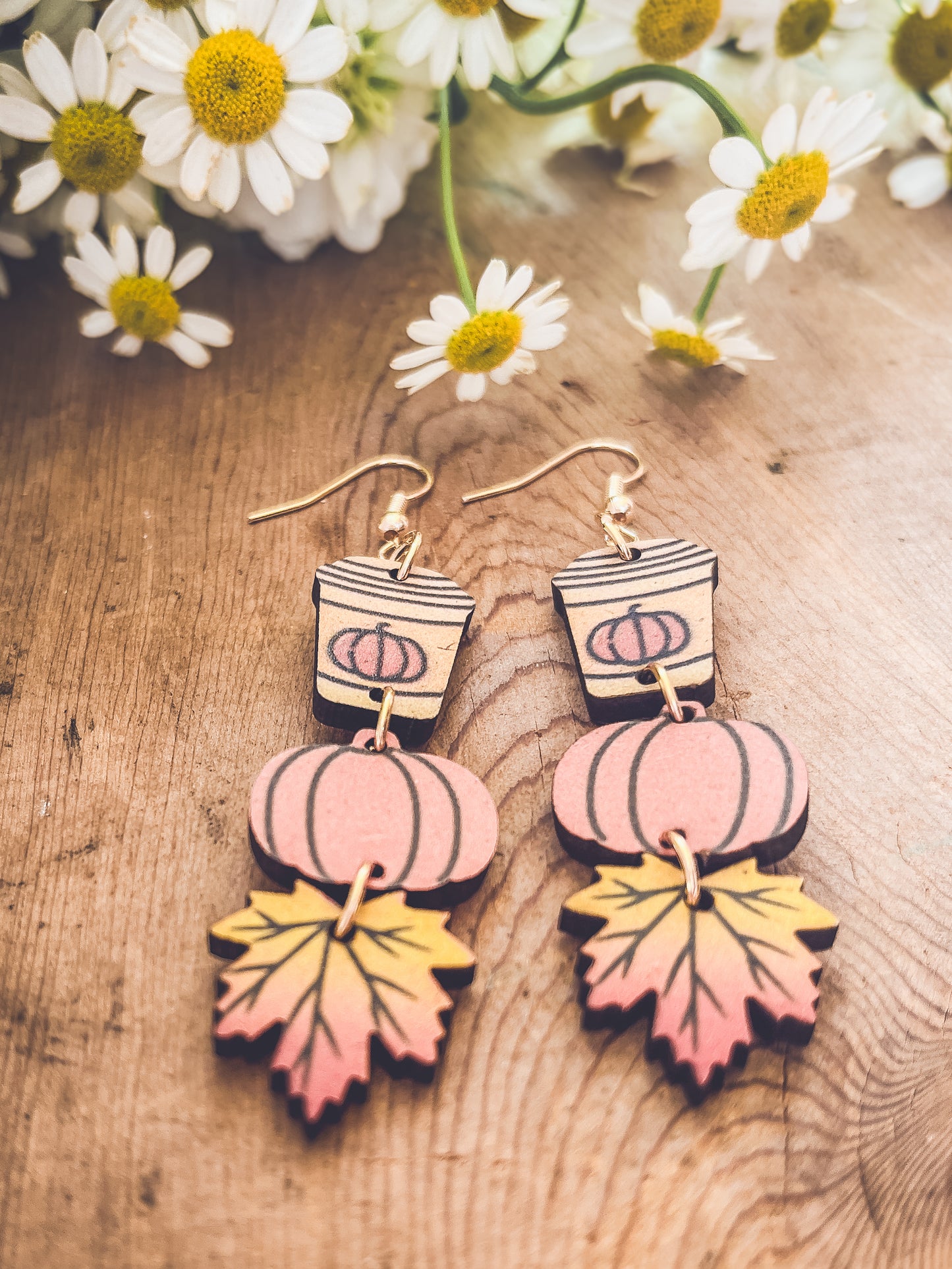 Adorable Fall Pumpkin Spice Coffee Wood Earrings