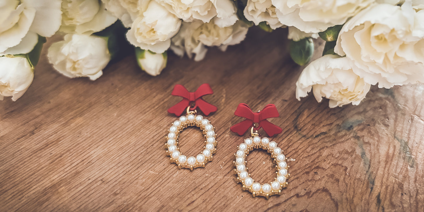 Beautiful Red Bow and Pearl Earrings