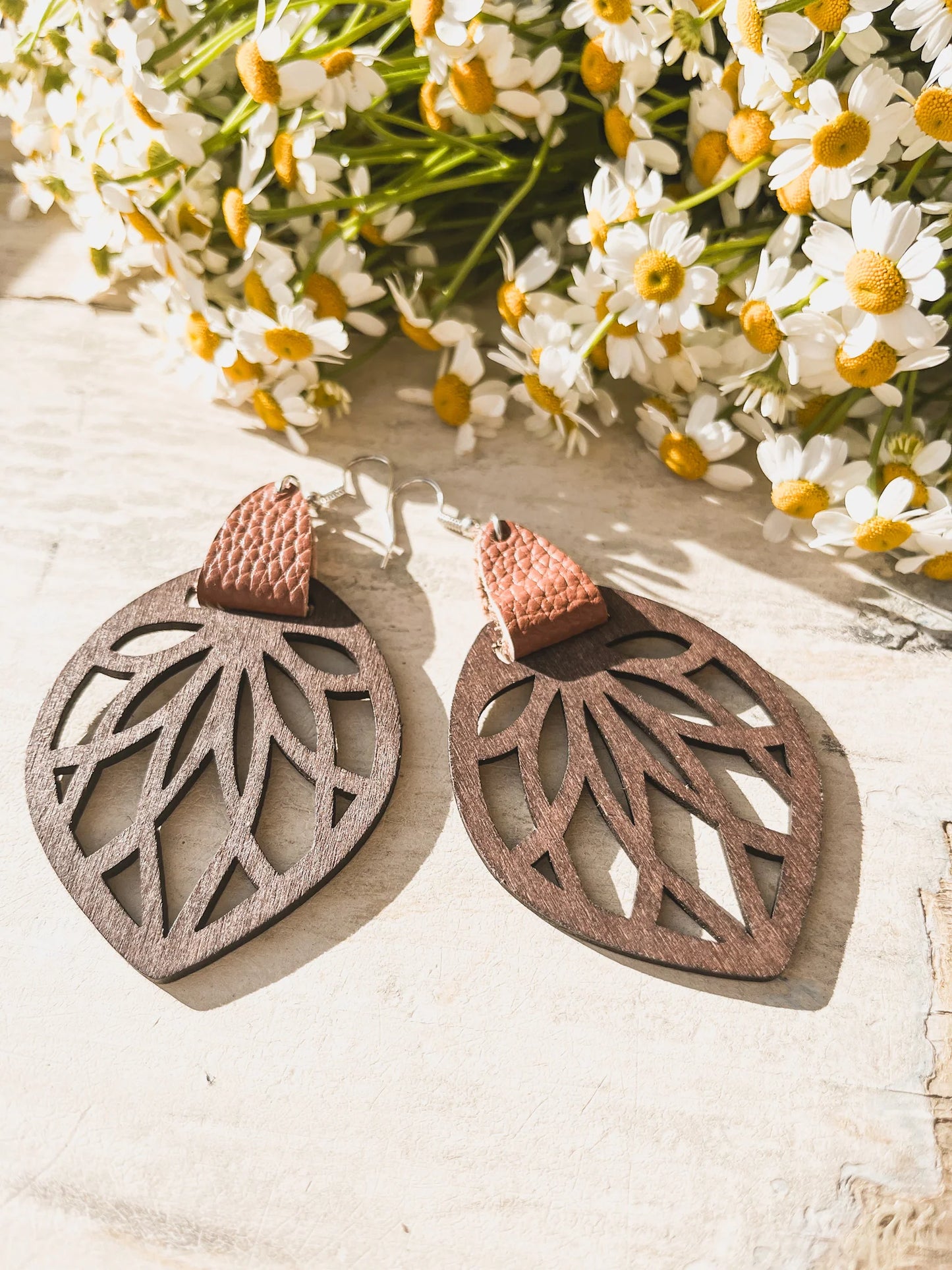 Genuine Leather Wrap Cutout Wood Leaf Drop Earrings