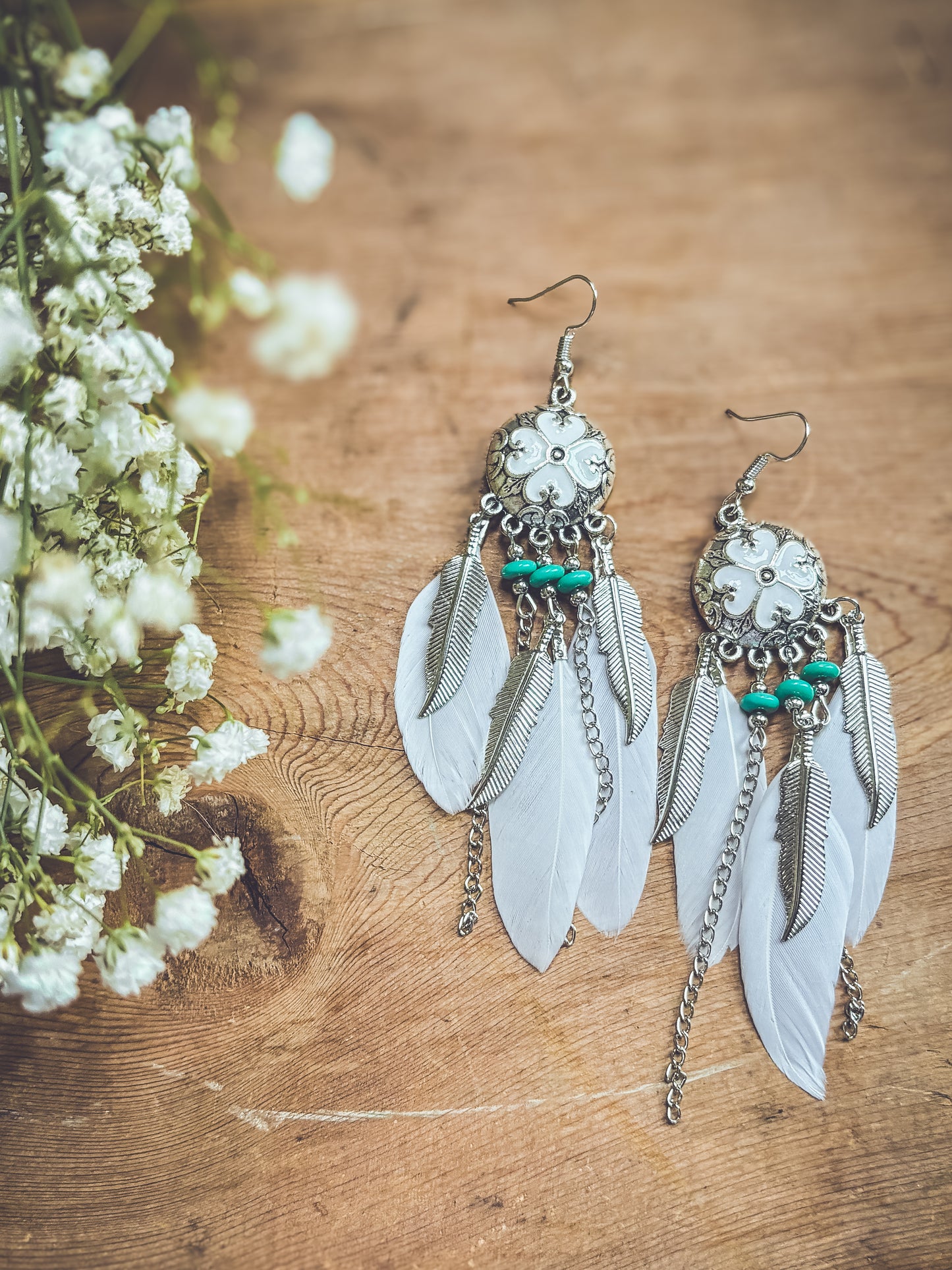 Boho White Feather Earrings