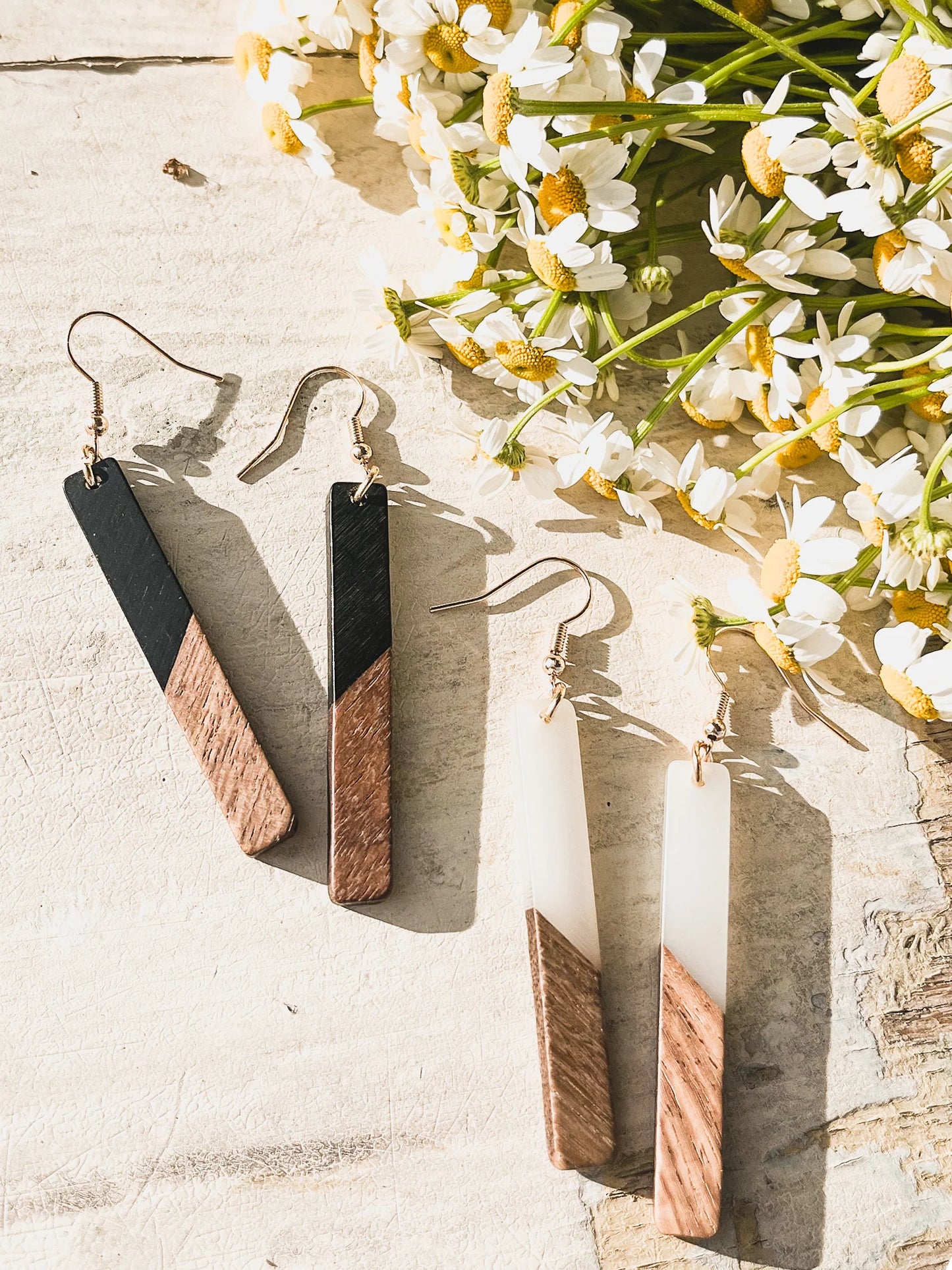 Beautiful White Resin and Wood Earrings