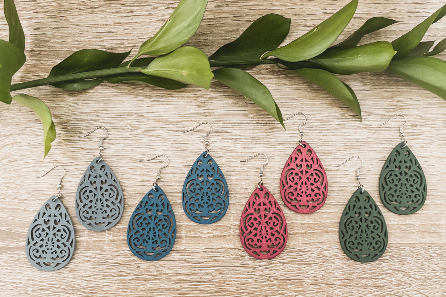 Set of Four Beautiful Carved Wood Earrings