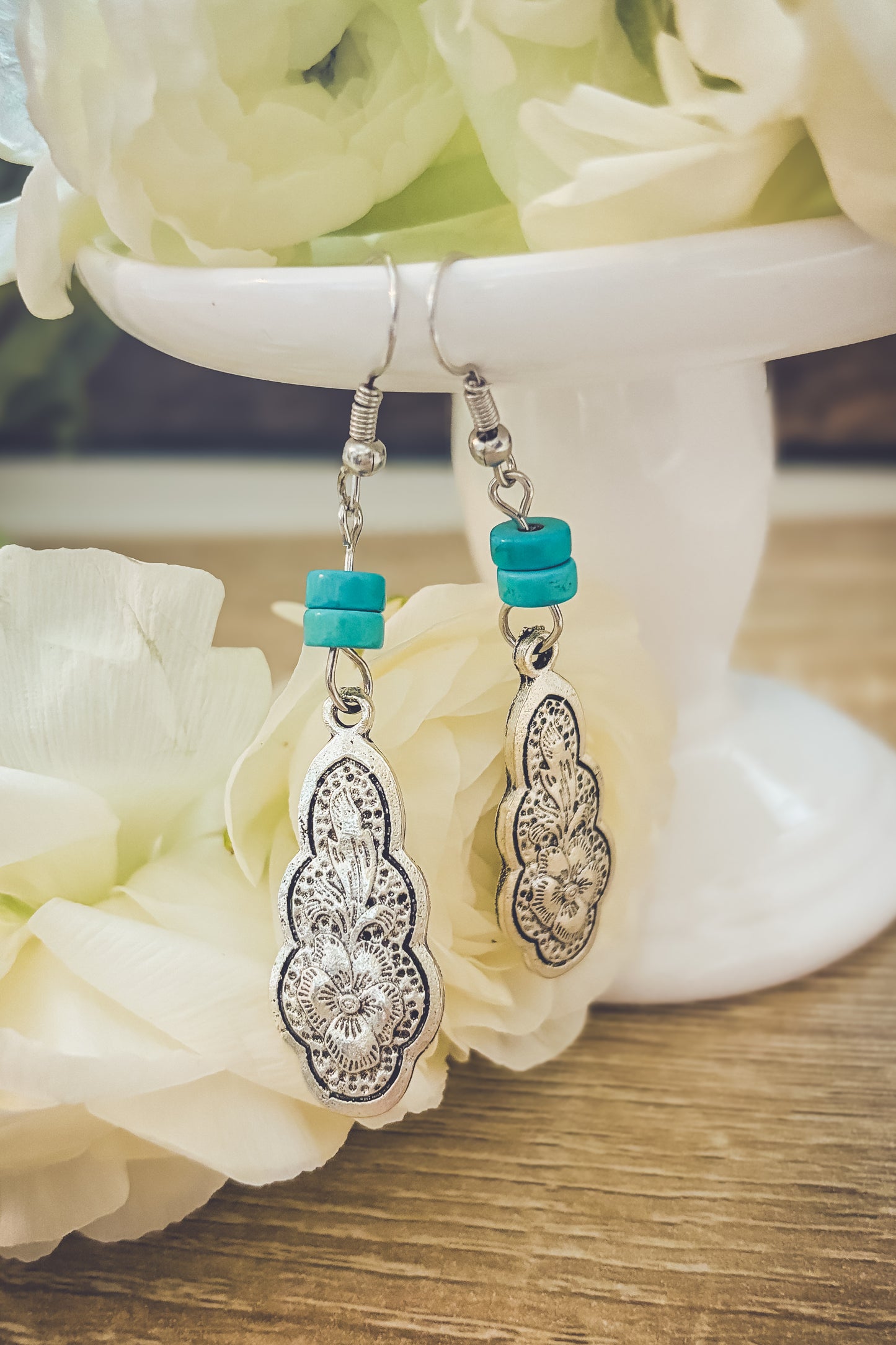 Bohemian Carved Silver and Turquoise Flower Earrings