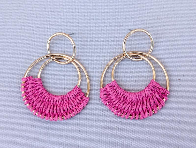 Beautiful Pink Raffia Hoop Earrings