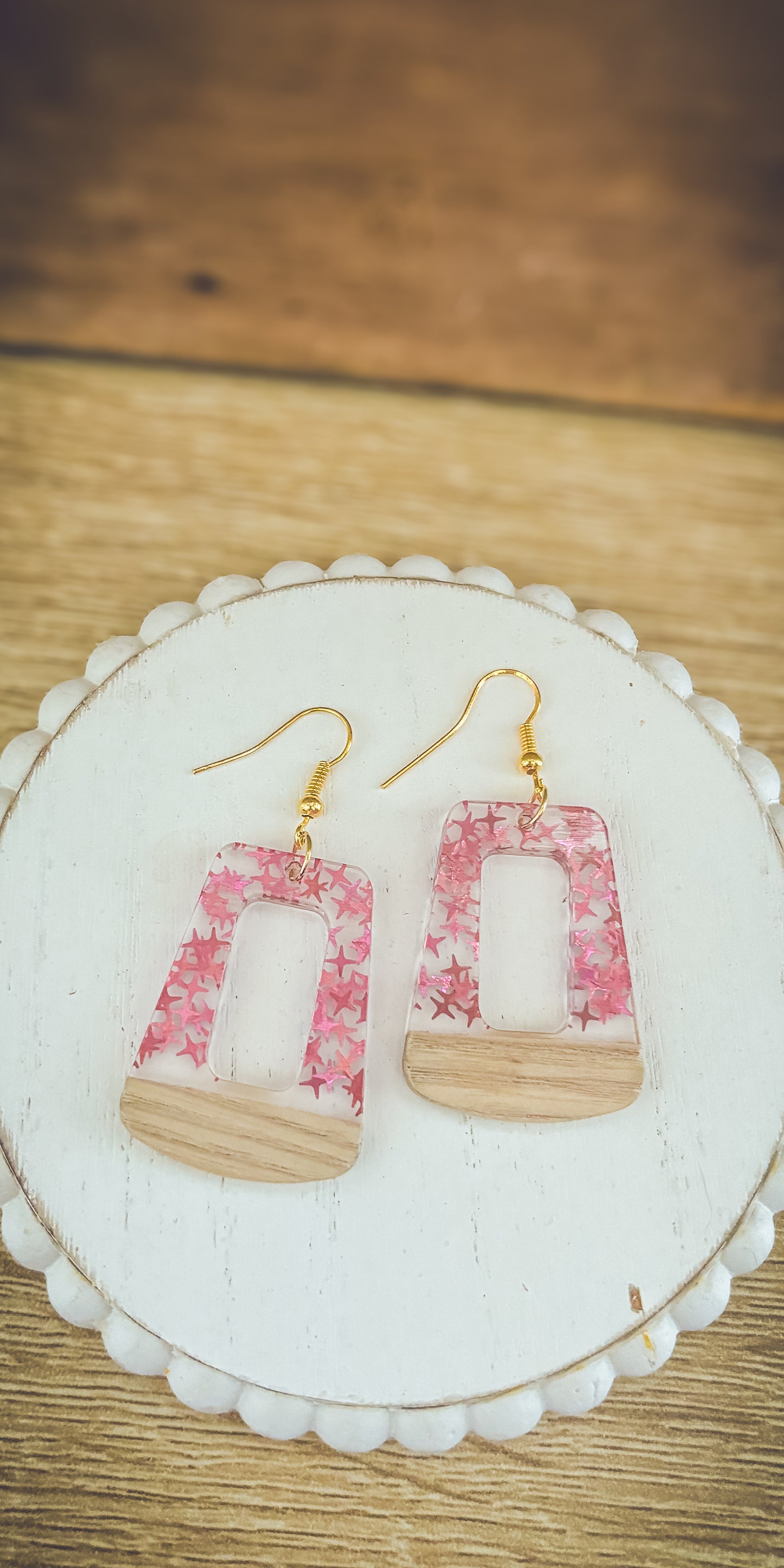 Beautiful Wood and Pink Fleck Resin Earrings