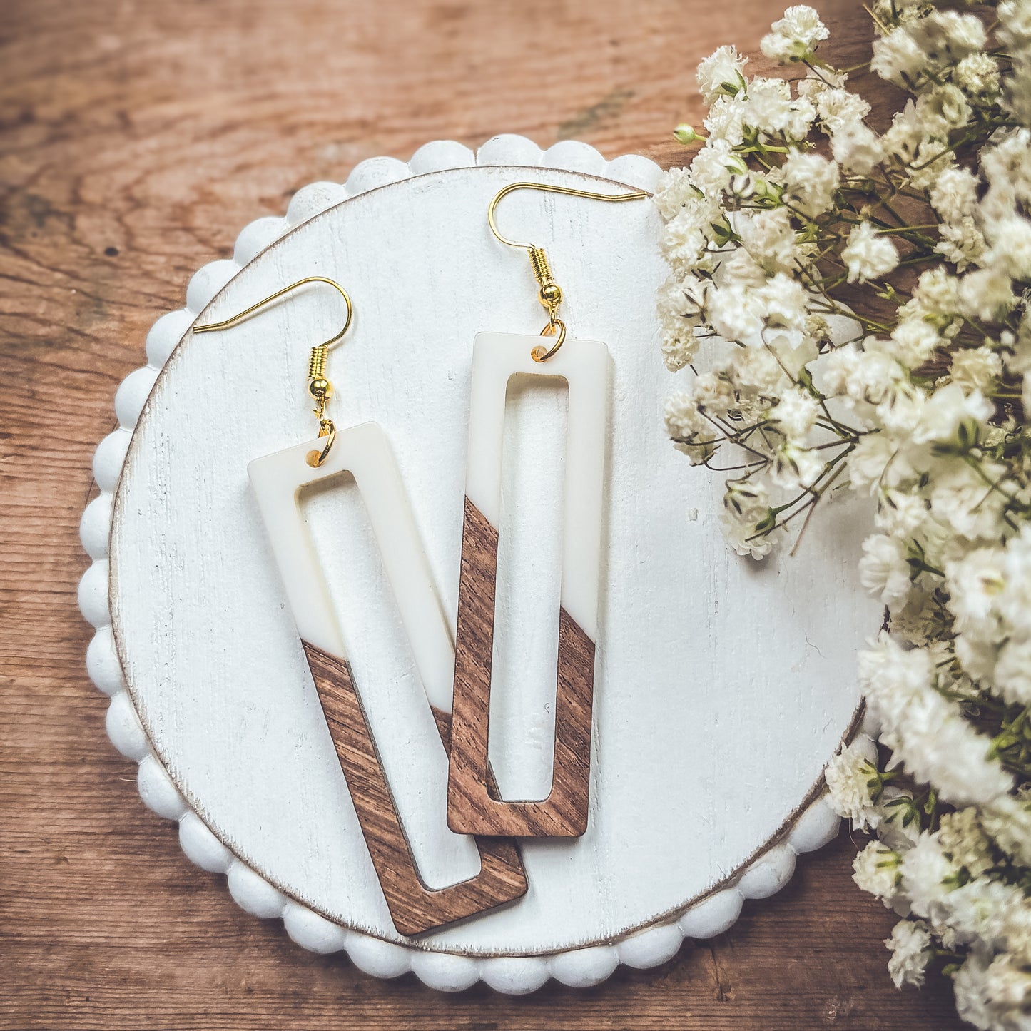 Rectangular White Resin and Wood Earrings