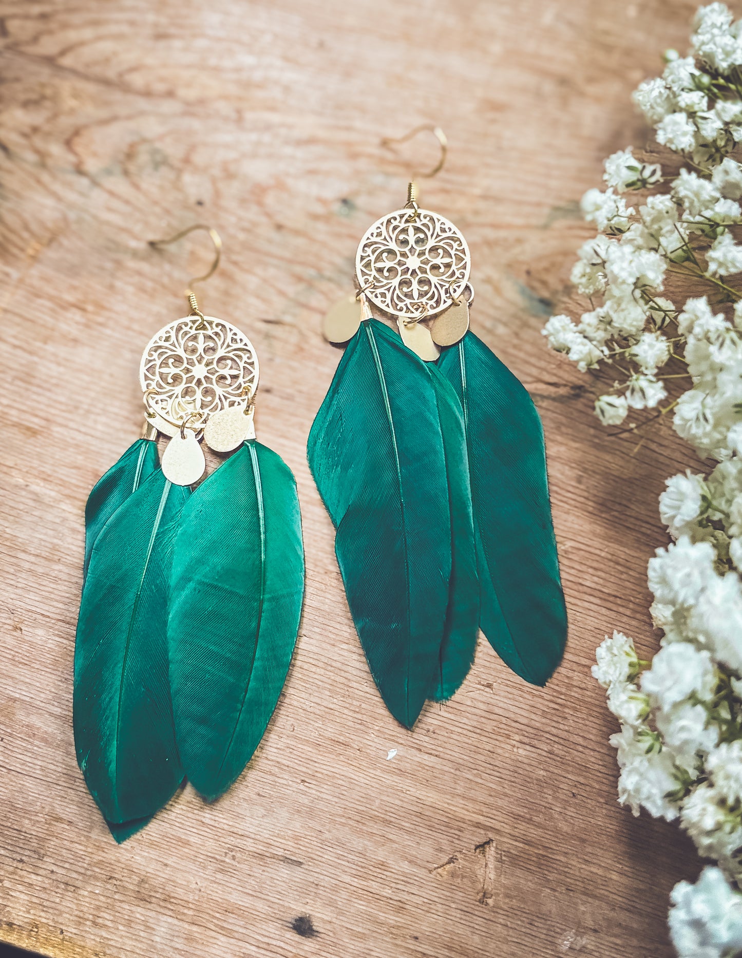 Beautiful Gold and Green Feather Earrings