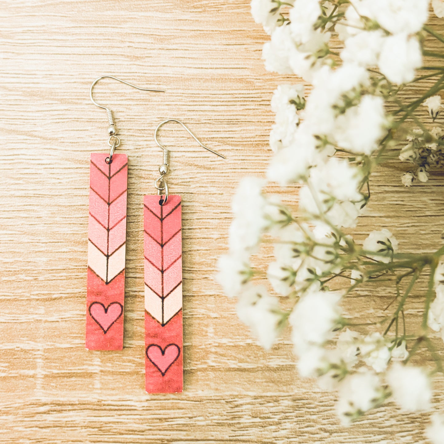 Beautiful Pink Heart Wood Earrings