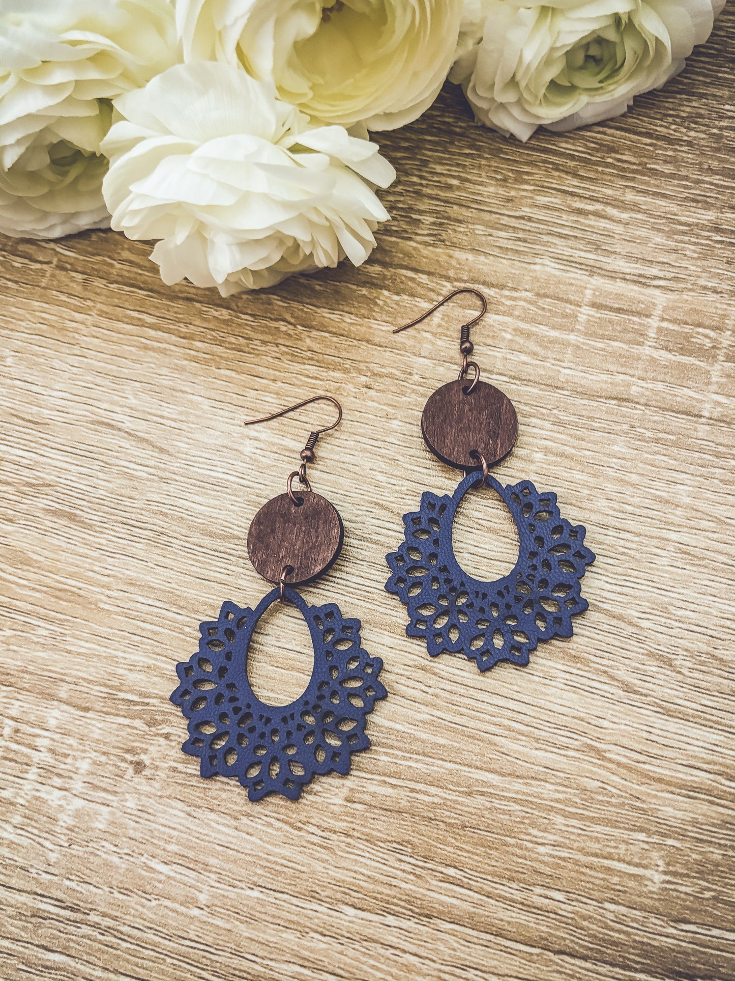 Beautiful Blue Wood and Leather  Earrings