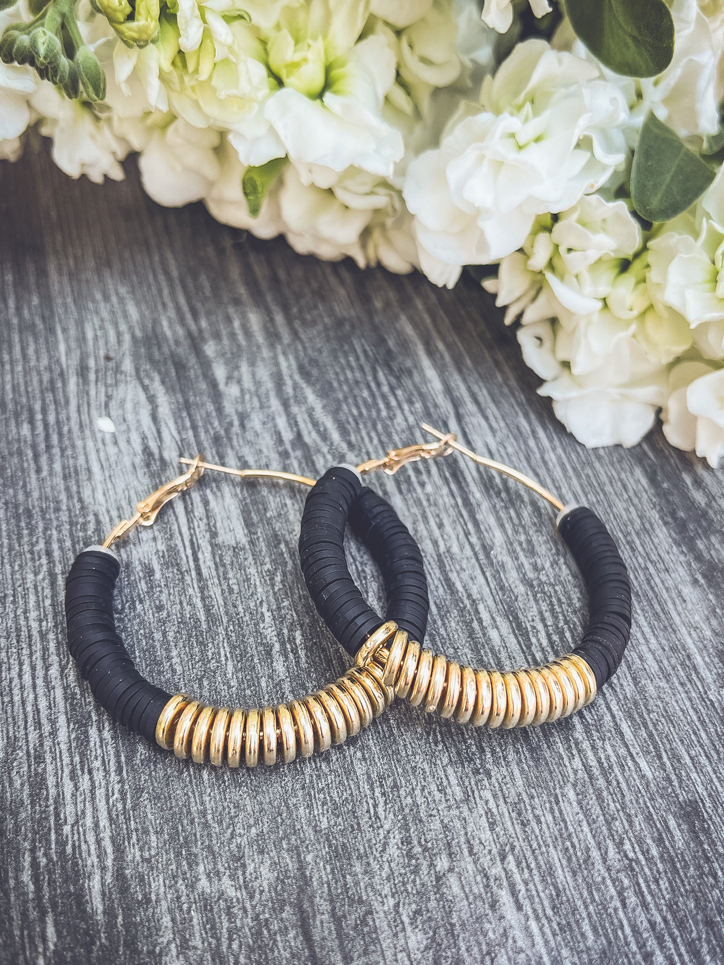 Beautiful Black and Gold Clay Hoops